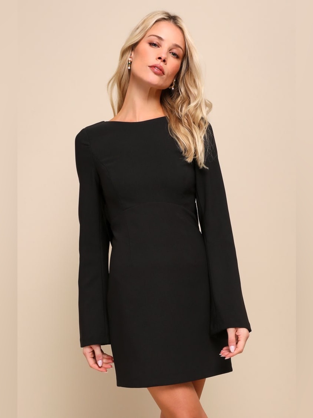 NWT Lulus Elegant Cutie Black Bow Long Sleeve Backless Mini Dress Size Large